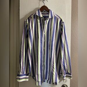 Robert Graham Men's Striped Button Up Shirt Flip Cuff Purple Green Sz L